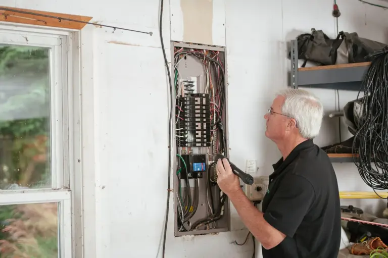 Electrician inspecting a residential electrical panel